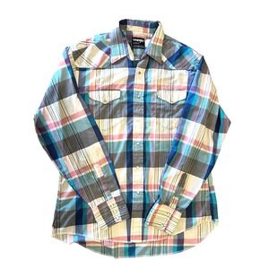 1970s vintage Wrangler Plaid Western Shirt Mens Long Sleeve pink blue Cowboy - L